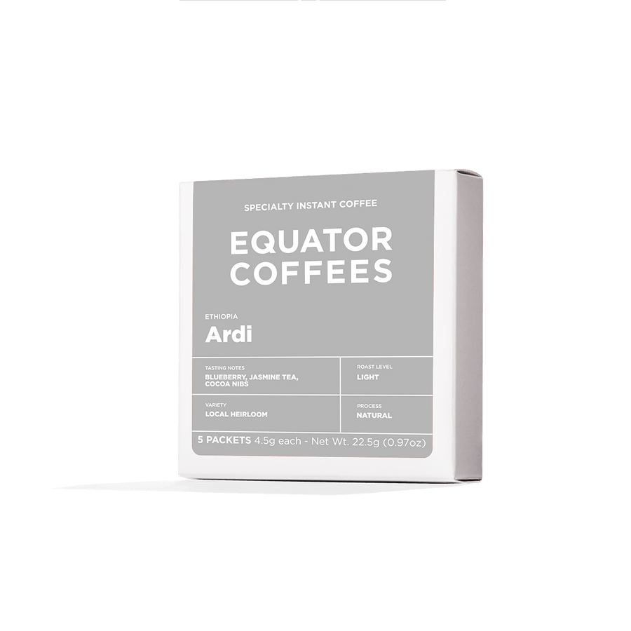 Ethiopia Ardi Natural Instant Coffee | Ethiopia Instant Coffee | Instant Coffee from Ethiopia | Natural Instant Coffee | Right Angle of 5 Sachet Box of Specialty Instant Coffee | Equator Coffees