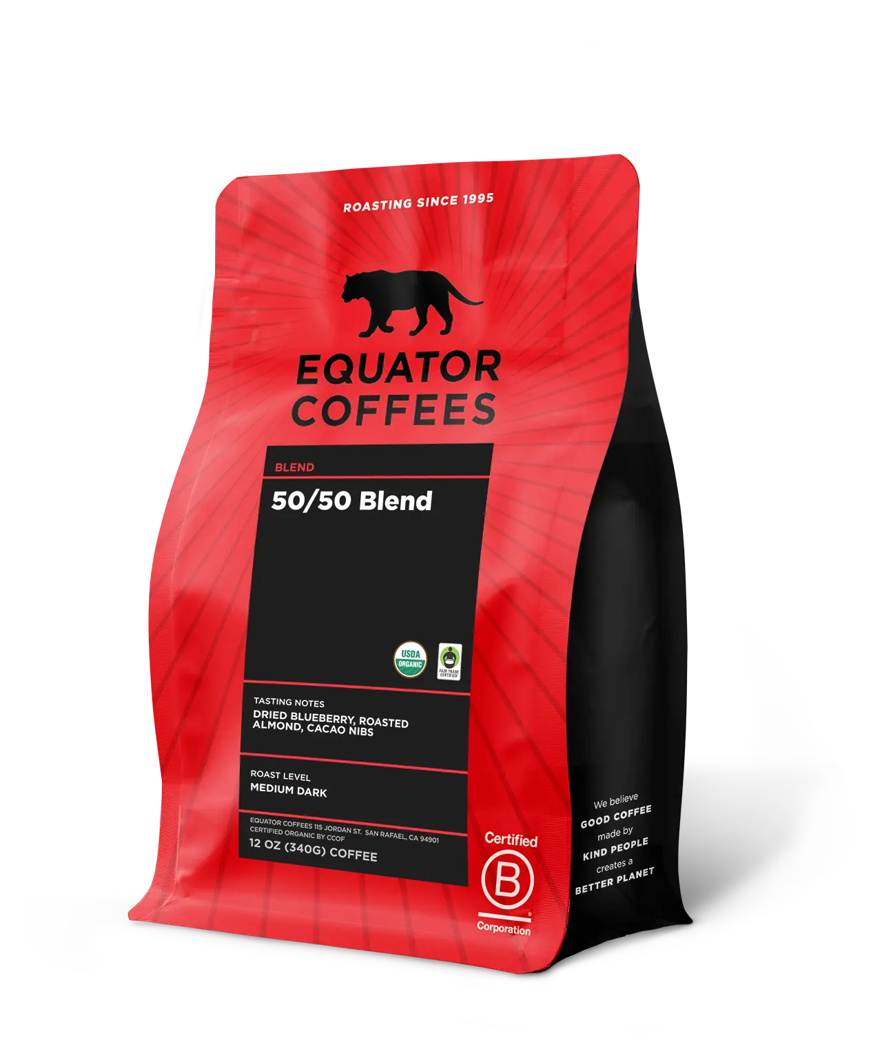 50-50 Blend Coffee | Certified Fair Trade Organic Coffee | Half Caf Coffee | Half Caffeinated Coffee | 12oz Bag of Whole Bean Coffee | Equator Coffees