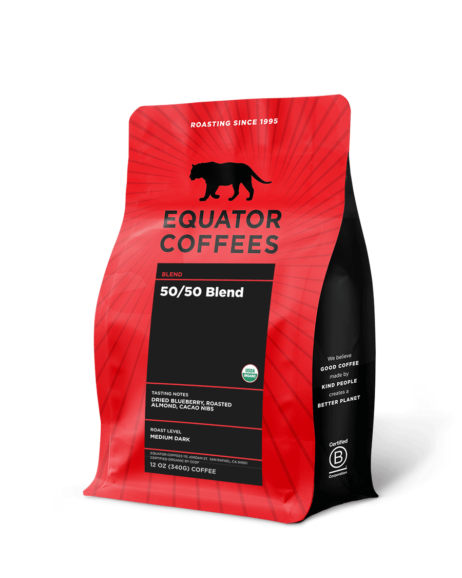 50-50 Blend Coffee | Certified Organic Coffee | Half Caf Coffee | Half Caffeinated Coffee | 12oz Bag of Whole Bean Coffee | Equator Coffees
