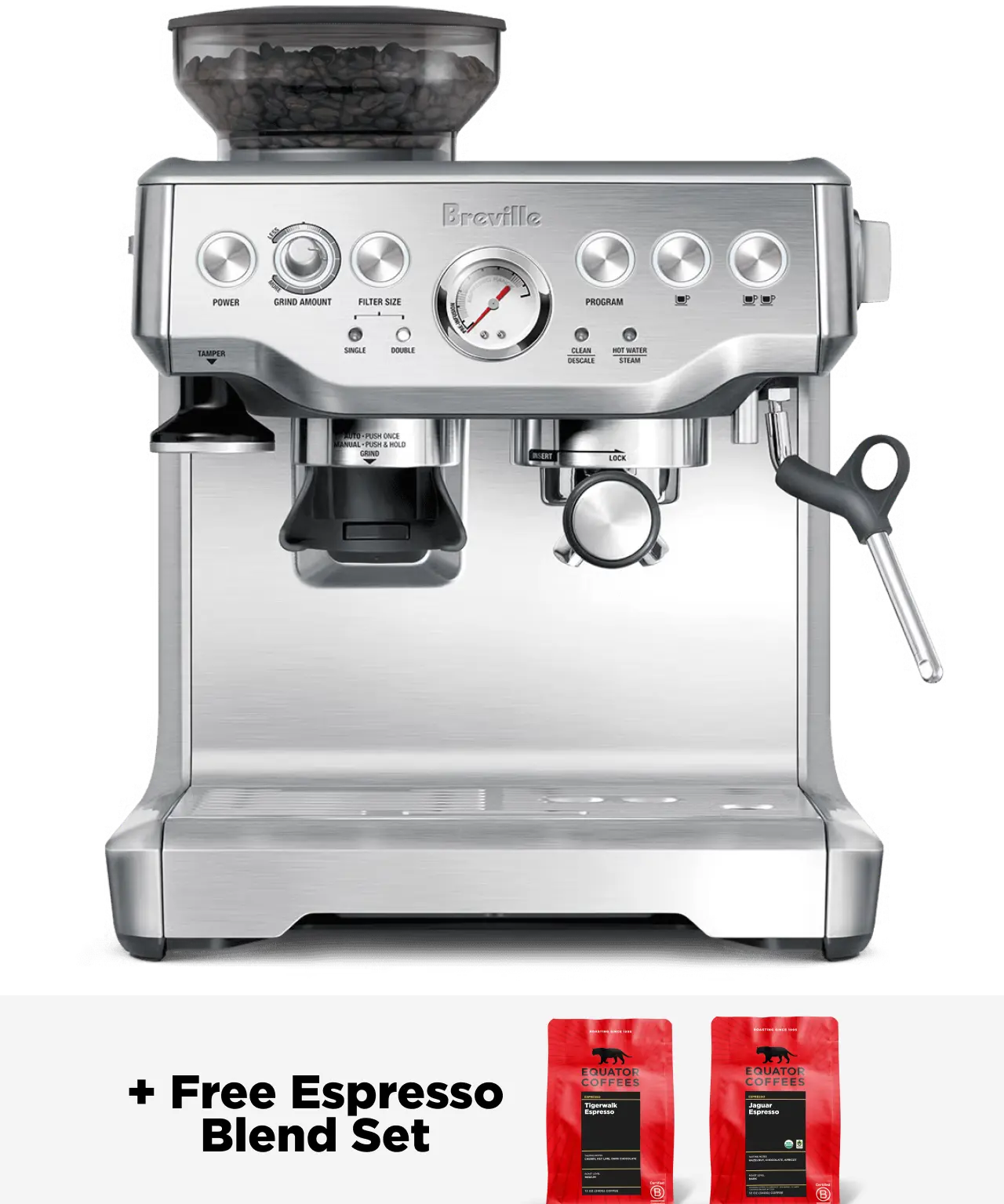 Breville Barista Express Espresso Machine | Includes two bags of Equator coffee | Front of machine | Equator Coffees