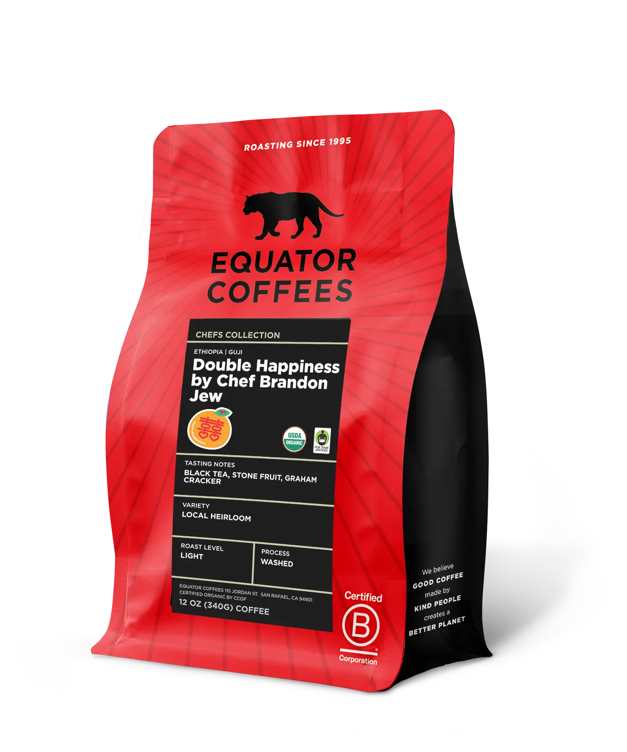 Ethiopia Double Happiness by Chef Brandon Jew | Certified Organic Ethiopian Coffee | 12oz Bag of Whole Bean Coffee | Equator Coffees