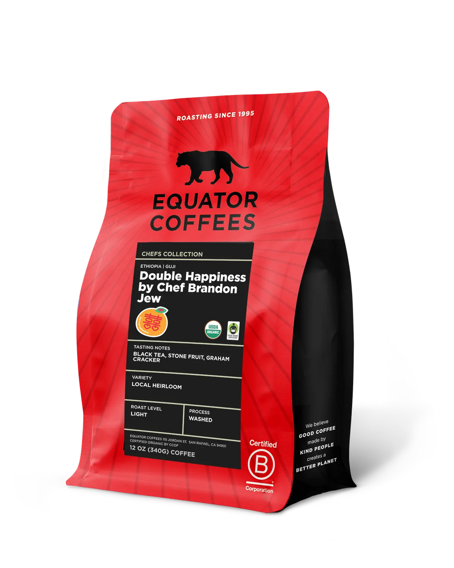 Ethiopia Double Happiness by Chef Brandon Jew | Certified Organic Ethiopian Coffee | 12oz Bag of Whole Bean Coffee | Equator Coffees