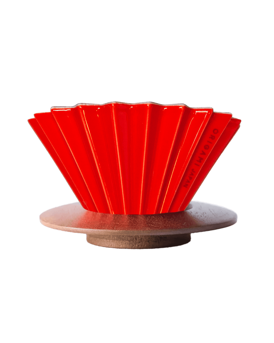 Origami Dripper Scarlet | Medium Origami Dripper Set | Pourover Coffee Set | Scarlet Dripper with Wooden Dripper Base | Equator Coffees