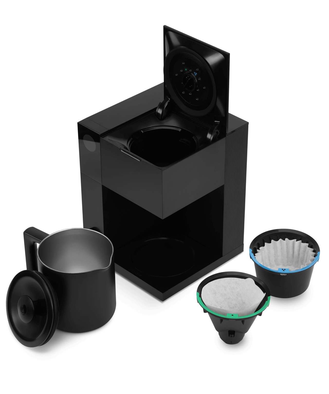 Fellow Aiden Precision Coffee Maker | All the components of this coffee maker: the Fellow Aiden, Insluated Carafe, and Two Filter attachments | Equator Coffees