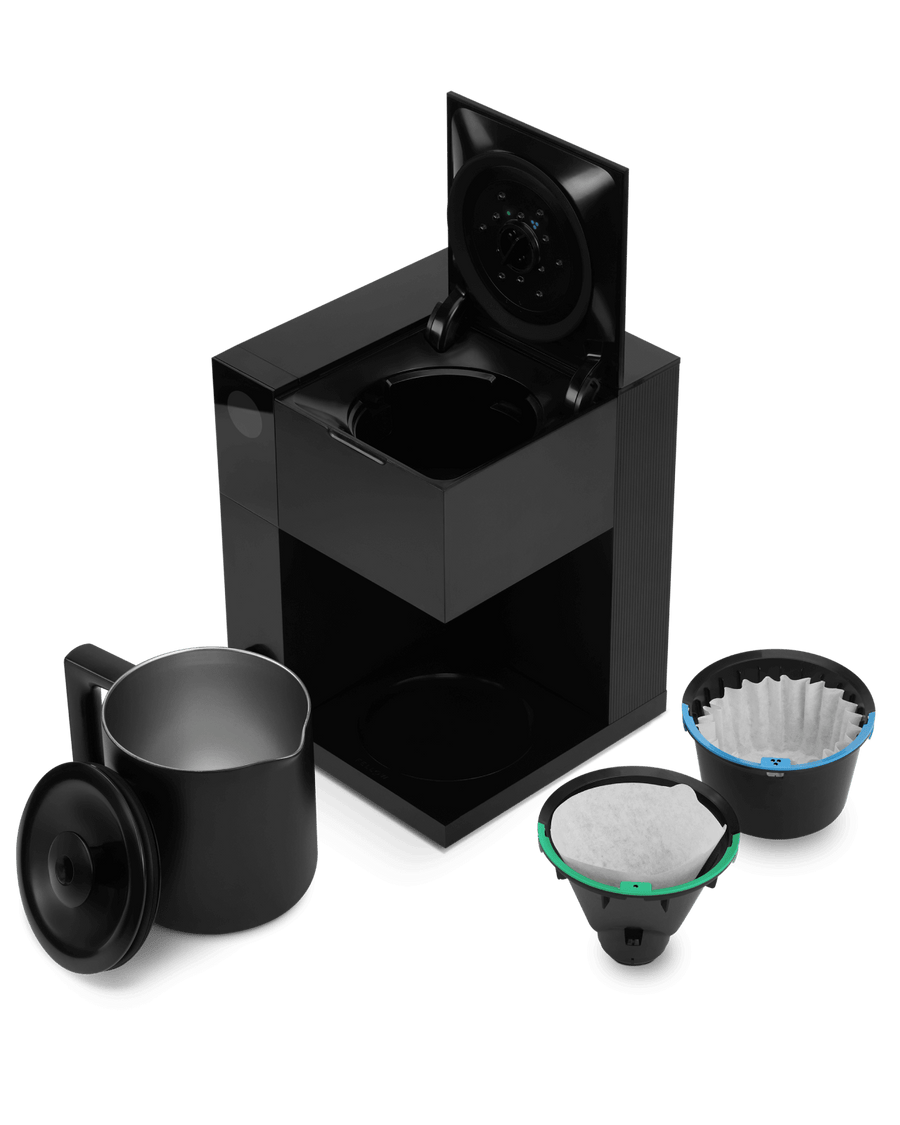 Fellow Aiden Precision Coffee Maker | All the components of this coffee maker: the Fellow Aiden, Insluated Carafe, and Two Filter attachments | Equator Coffees