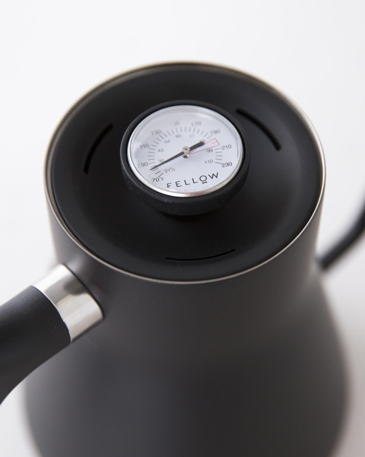 Fellow Stagg Pourover Kettle with its built-in thermometer on the lid | Equator Coffees