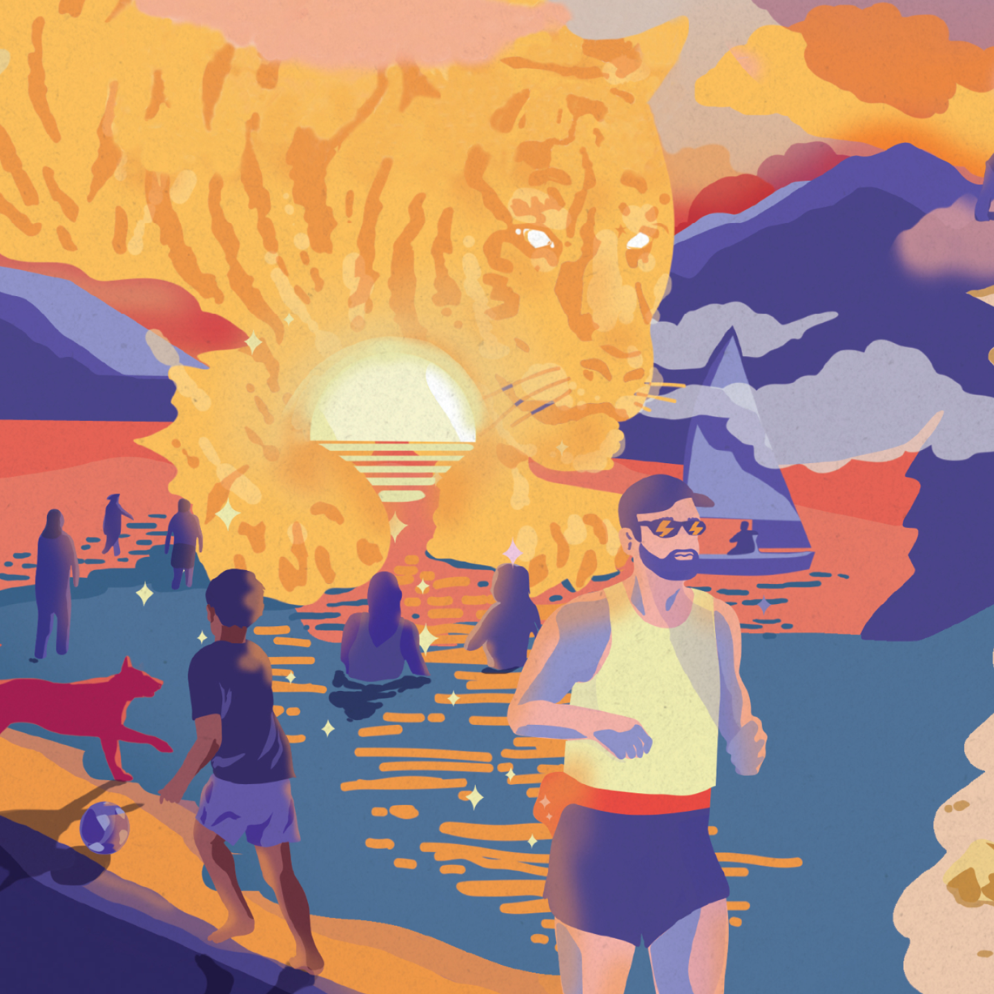 Golden Hour illustrated scene with a beach setting at sunset | Equator Coffees