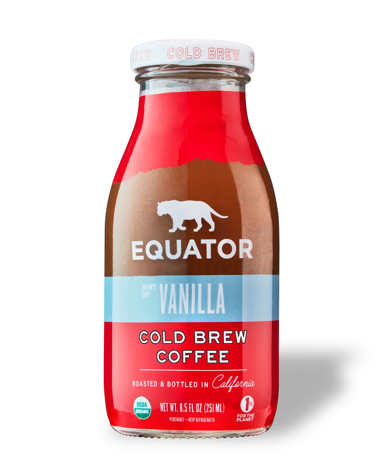Hint of Vanilla Organic Cold Brew Coffee | Roasted and Bottled in California | Front of 8.5 fl oz bottle | Equator Coffees