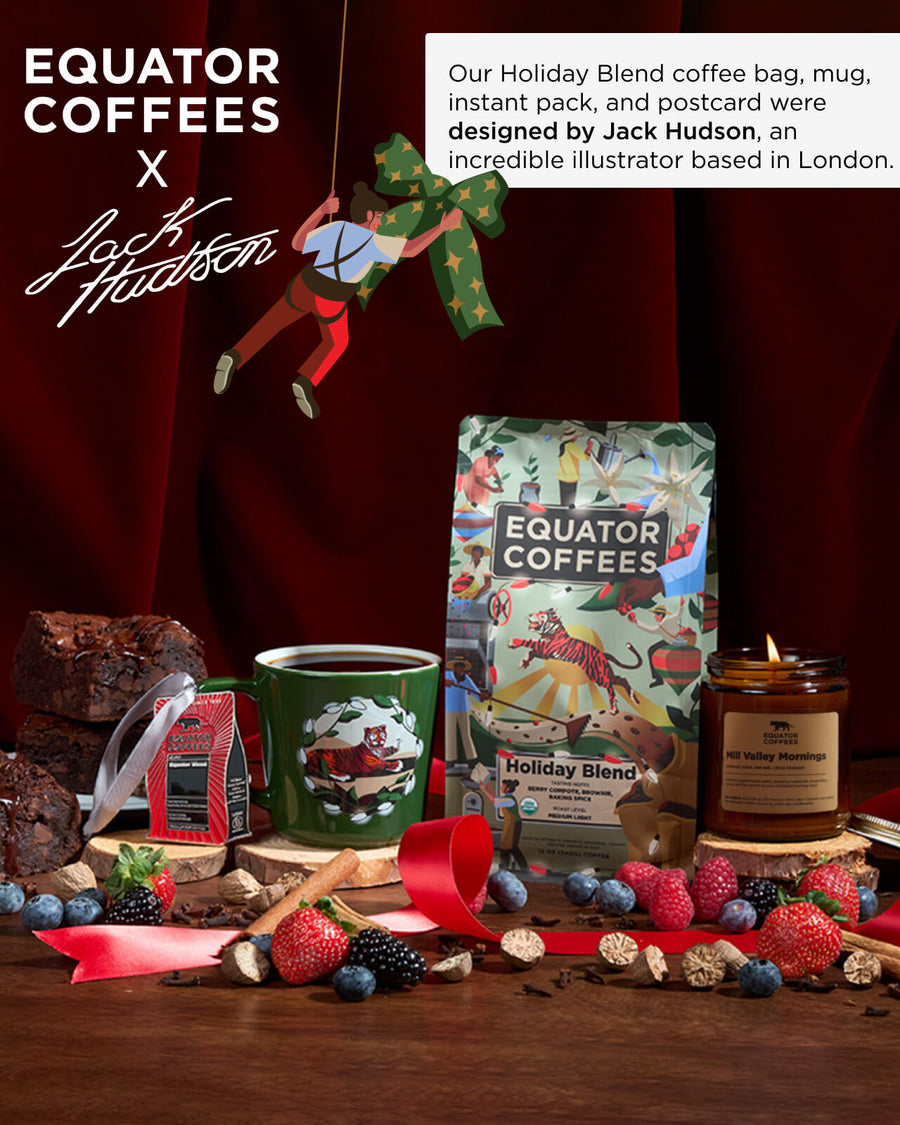 Our Holiday Blend coffee bag, mug, instant pack, and postcard were designed by Jack Hudson, an incredible llustrator based in London | Equator Coffees