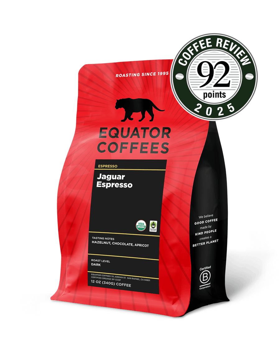 Jaguar Espresso | Award-Winning Espresso | Certified Organic Espresso | Dark Roast Espresso | 12oz Bag of Whole Espresso Beans with 92 Points on Coffee Review | Equator Coffees