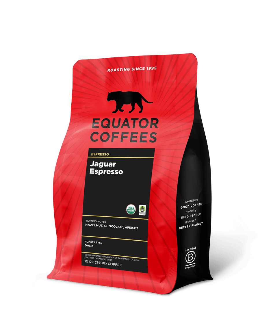Jaguar Espresso | Fair Trade Espresso | Certified Organic Espresso | Dark Roast Espresso | 12oz Bag of Whole Espresso Beans | Equator Coffees