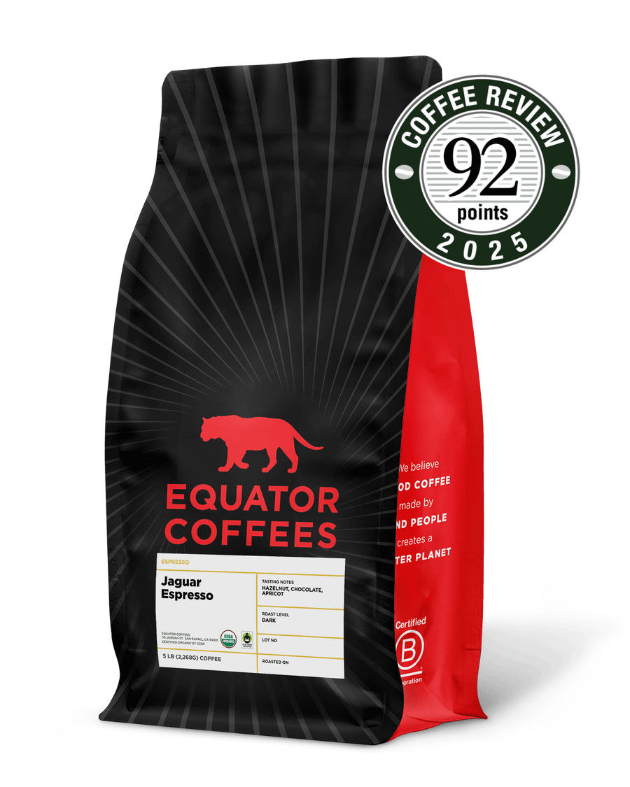 Jaguar Espresso | Award-Winning Espresso | Certified Organic Espresso | Dark Roast Espresso | 5lb Bag of Whole Espresso Beans with 92 Points on Coffee Review | Equator Coffees
