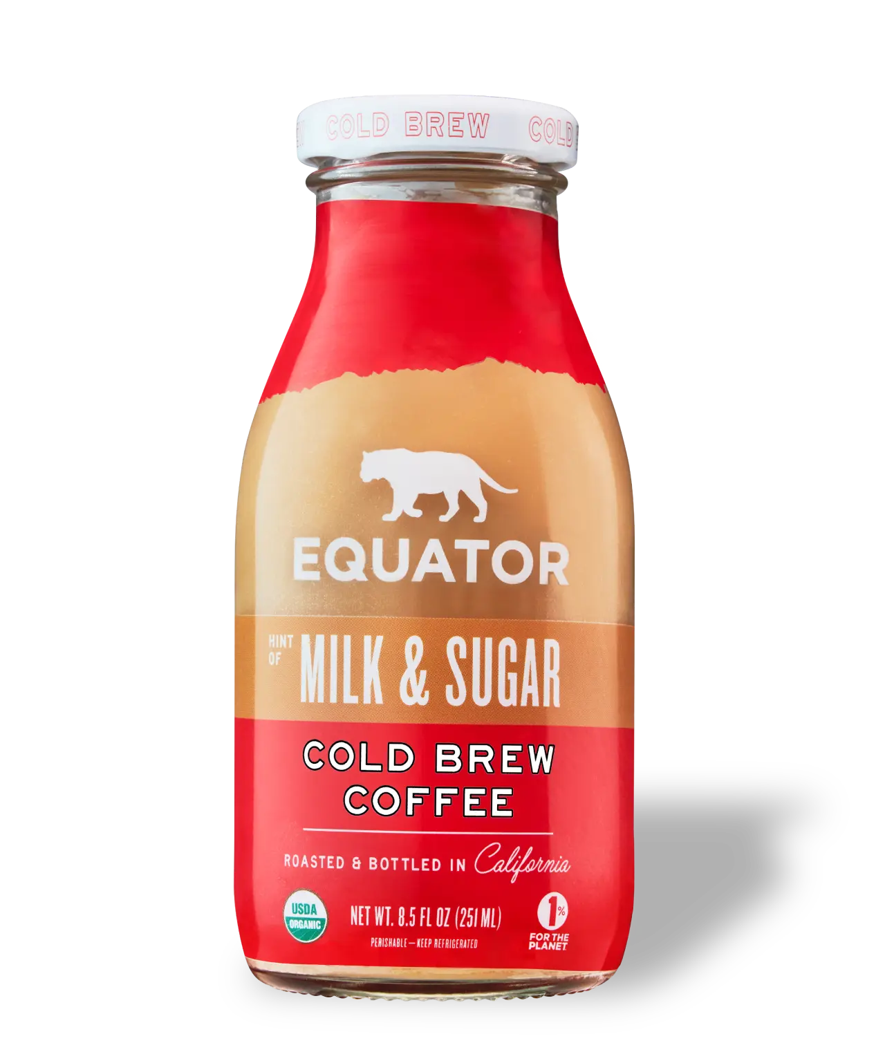 Hint of Milk and Sugar | Organic Cold Brew Coffee | Roasted and Bottled in California | Front of 8.5 fl oz bottle | Equator Coffees