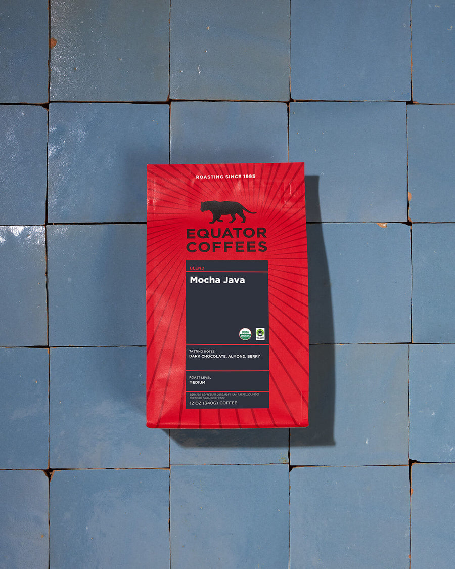Mocha Java Blend Fair Trade Organic | Fair Trade Coffee | Certified Organic Coffee | Mocha Coffee | Coffee Bag Backdrop | Equator Coffees