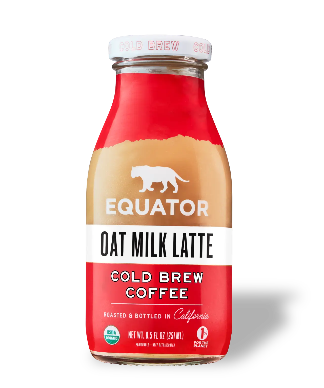 Oat Milk Latte Organic Cold Brew Coffee | Roasted and Bottled in California | Front of 8.5 fl oz bottle | Equator Coffees