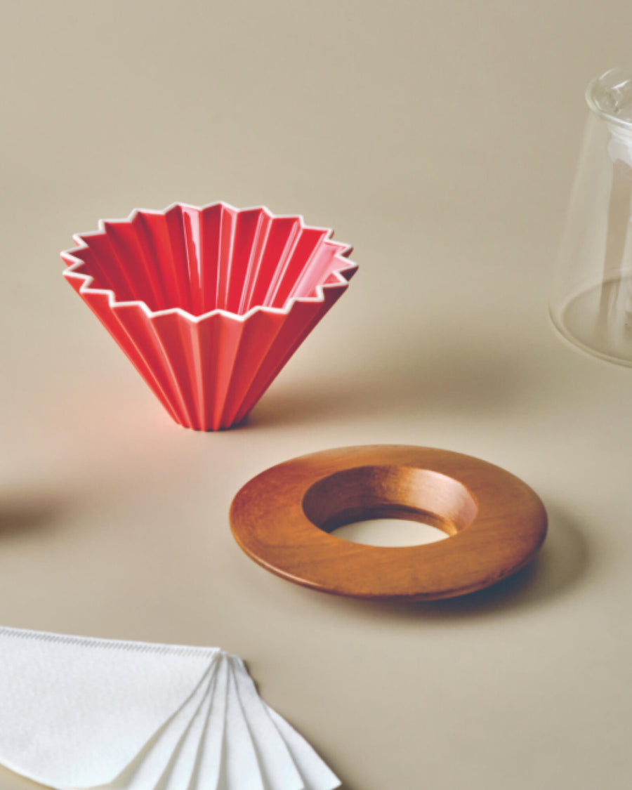 Origami Dripper Scarlet | Medium Origami Dripper Set | Pourover Coffee Set | Scarlet Origami Dripper and Wood Dripper Stand Together | Equator Coffees
