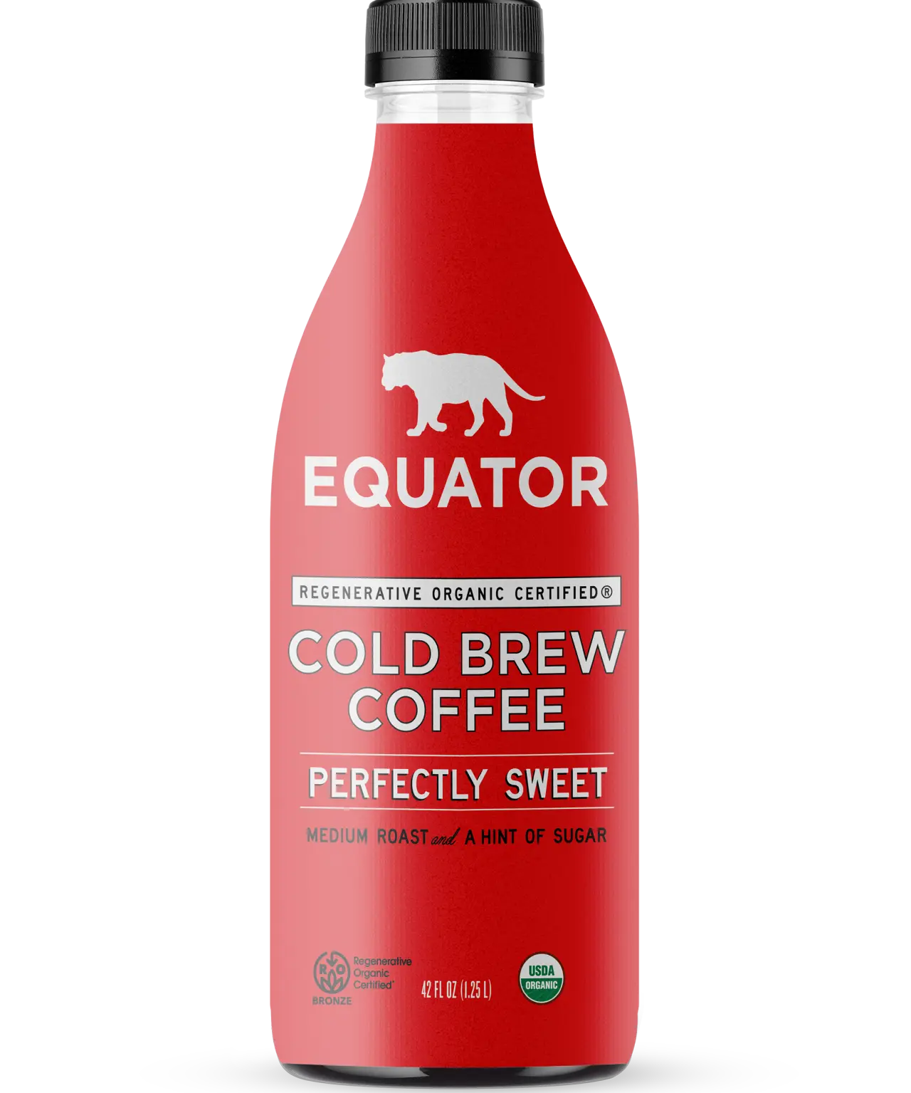 Perfectly Sweet Organic Cold Brew Coffee | Medium Roast and a Hint of Sugar | Front of 42 fl oz bottle | Equator Coffees