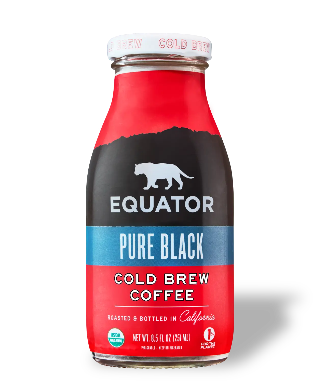 Pure Black Organic Cold Brew Coffee | Roasted and Bottled in California | Front of 8.5 fl oz bottle | Equator Coffees