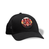 Equator Red Tiger Trucker Hat | Front of Black Cap | Equator Coffees