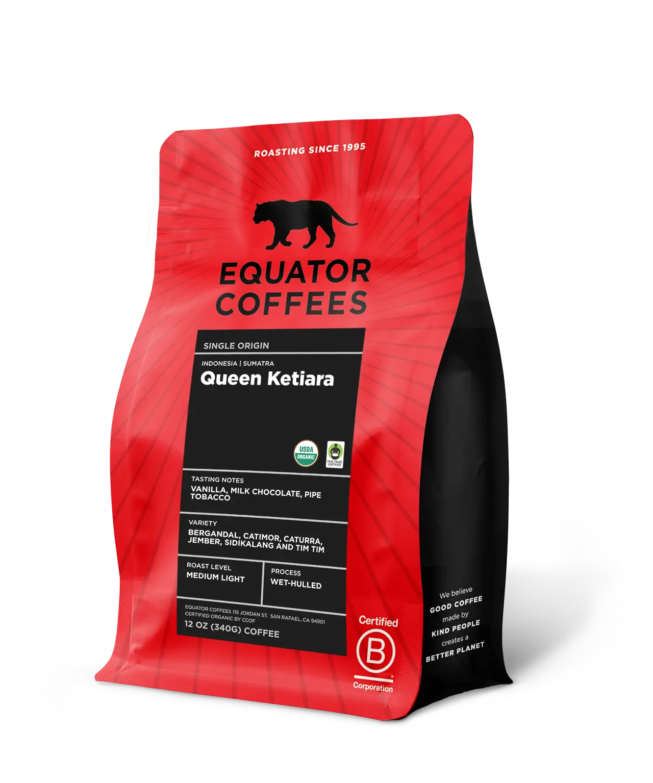 Sumatra Queen Ketiara Coffee | Sumatra Coffee | Coffee from Sumatra | Wet-Hulled Coffee | Fair Trade Coffee | Certified Organic Coffee | 12oz bag of Whole Bean Coffee | Equator Coffees