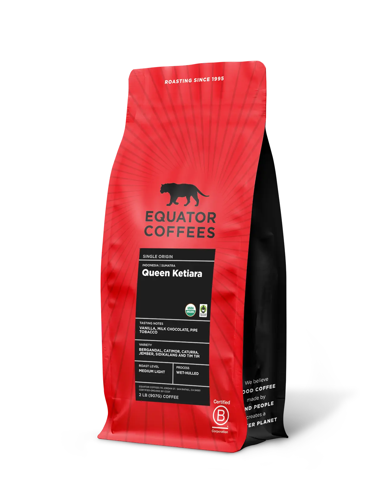 Sumatra Queen Ketiara Coffee | Sumatra Coffee | Coffee from Sumatra | Wet-Hulled Coffee | Fair Trade Coffee | Certified Organic Coffee | 2lb bag of Whole Bean Coffee | Equator Coffees