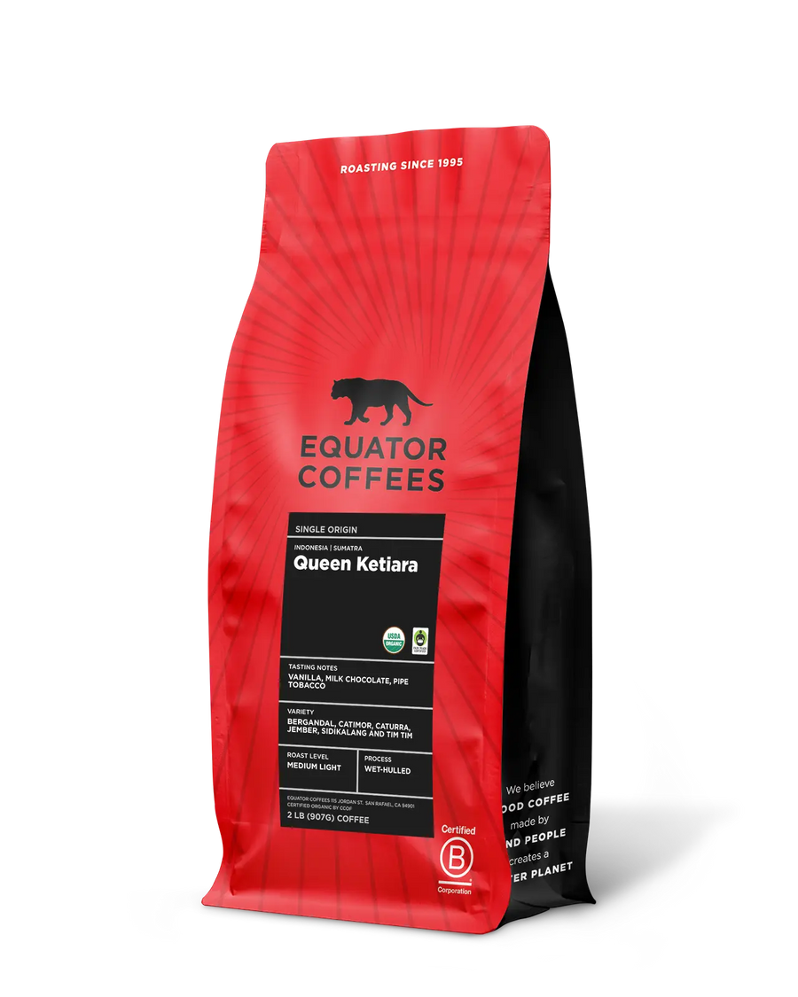 Sumatra Queen Ketiara Coffee | Sumatra Coffee | Coffee from Sumatra | Wet-Hulled Coffee | Fair Trade Coffee | Certified Organic Coffee | 2lb bag of Whole Bean Coffee | Equator Coffees