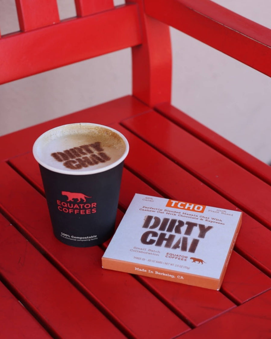 TCHO Holiday Chocolate | TCHO Christmas Chocolate | TCHO Chocolate GIft | TCHO Dirt Chai Chocolate | TCHO Dirty Chai Chocolate paired with Latte | Equator Coffees