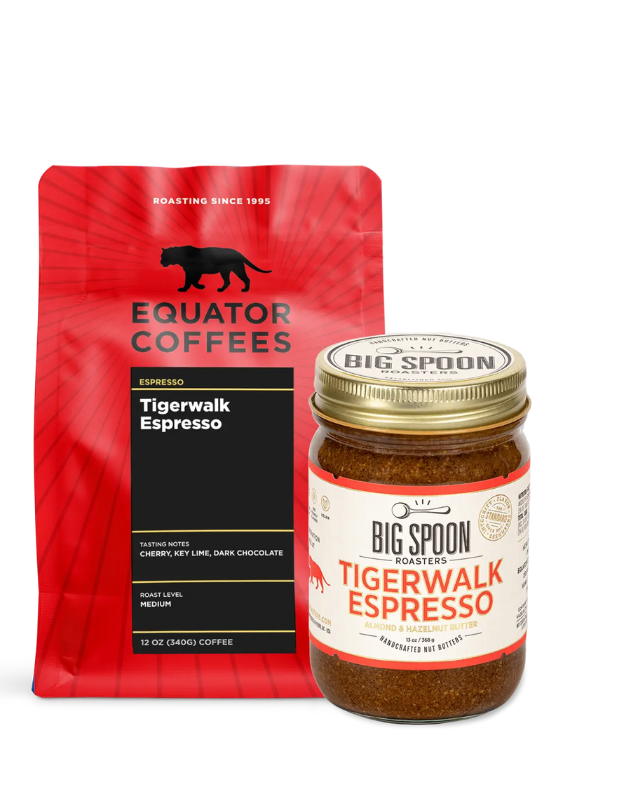 Tigerwalk Espresso Nut Butter Bundle | Espresso Gift Basket | 12oz Whole Espresso Beans with Big Spoon Nut Butter | Equator Coffees