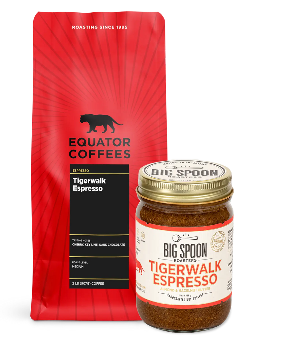 Tigerwalk Espresso Nut Butter Bundle | Espresso Gift Basket | 2lb Whole Espresso Beans with Big Spoon Nut Butter | Equator Coffees