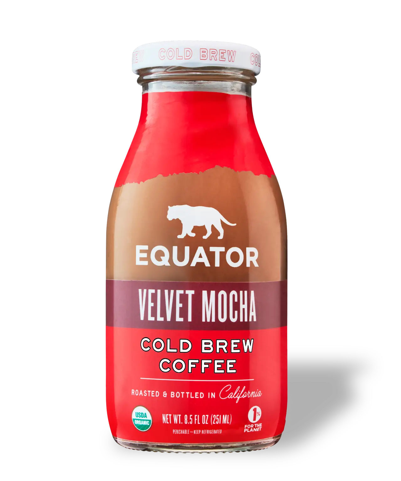 Velvet Mocha Organic Cold Brew Coffee | Roasted and Bottled in California | Front of 8.5 fl oz bottle | Equator Coffees